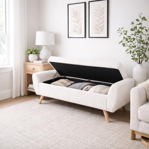 HomePop 60" Modern Storage Bench with Wood Legs - Sherpa Cream