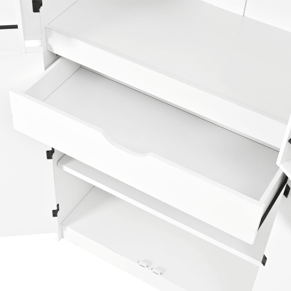 72" Tall Kitchen Pantry with Hidden Drawer, 8 Door Shelves & 3 Adjustable Shelves Farmhouse Cabinet, Versatile Cupboard for Kitchen, Dining & Bathroom (White)