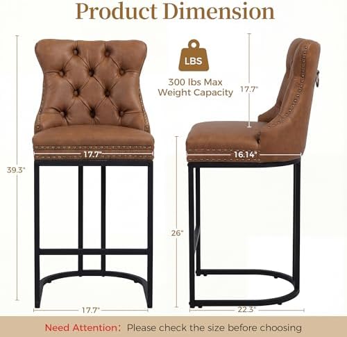 AQO Counter Height Bar Stools Set of 4 for Kitchen Island, Modern Bar Stools with Backs, 26 Inch Barstools with Upholstered Faux Leather Seat and Footrest, Brown