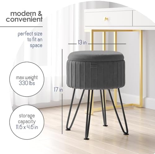 Round Ottoman with Storage, Pleated Velvet Storage Ottoman, Foot Stool Ottomans, Makeup Vanity Stool, Small Ottomans Foot Rest, Modern Vanity Stools for Living Room and Bedroom, Grey