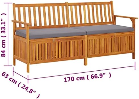 Black Acacia Wood Storage Bench Rectangular, 67 in Outdoor Storage Bench with Cushion, Black and Brown Patio Seating for Three