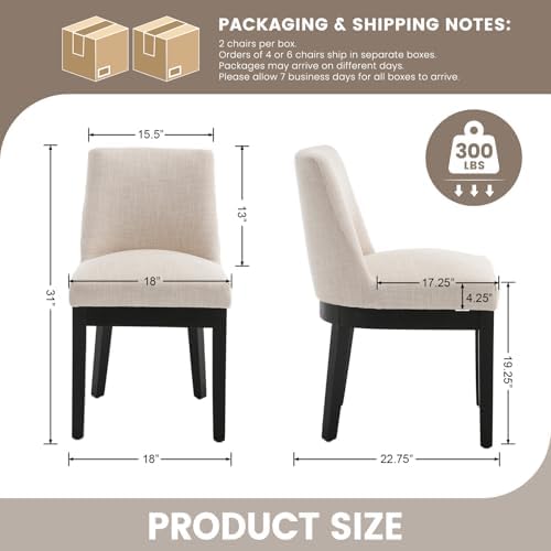 RIVOVA Upholstered Dining Chairs Set of 6, Modern Wooden Dining Room Chair Linen Fabric Kitchen Chairs Farmhouse Dinner Chair with Black Hardwood Frame, Beige