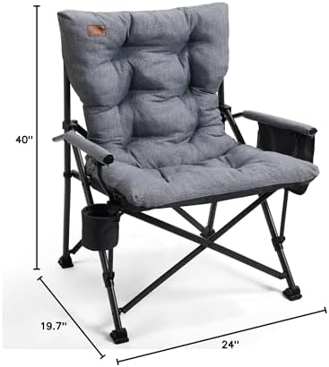 EVER ADVANCED Padded Oversized Folding Camping Chair for Adults, Heavy Duty Lawn Chair with Side Pockets, Portable Collapsible Quad Chair for Outside, Support Up to 500lbs, Grey