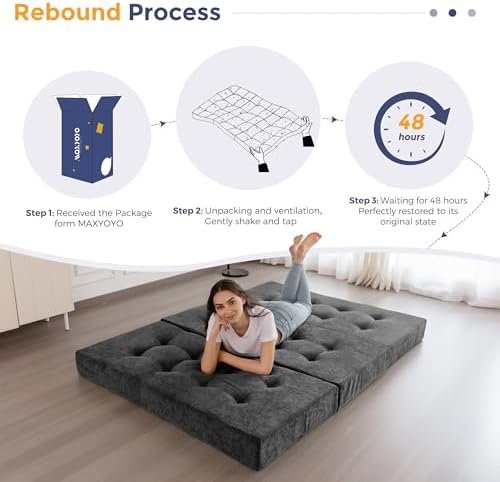 MAXYOYO 6" Folding Sofa Bed for Floor, Tufted Tri-Fold Floor Mattress | Queen Size Portable Sofa Couch Guest Mat with Chenille Fabric for Adults, Foldable Topper for Camping, Dark Grey, Queen