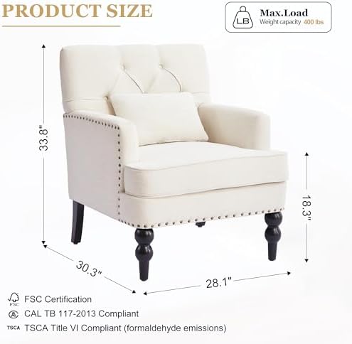 HUIMO Accent Chair, Tufted Upholstered Club Chair, Beige | Upholstered Fabric Armchairs, Button Tufted Reading Chairs for Living Room, Bedroom