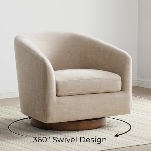 CHITA Swivel Accent Chair Set of 2, Wood Frame, Fully Assembled, Flax Beige | Fabric Barrel Arm Chair with 360° Swivel Solid Wood Base, Mid Century Modern Living Room Chair, 31"x31"x28", 350 Lb Capacity
