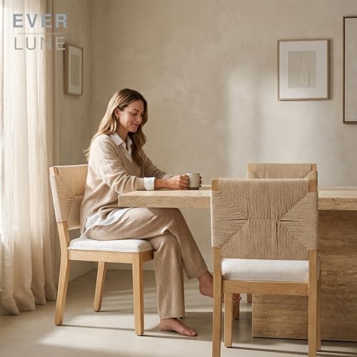 Boho Mid Century Modern Dining Chairs Set of 6, Rattan Dinning Chair with a Square Back, Warm Beige Cane Dining Chair, Linen Upholstered Kitchen and Dining Room Chairs, Sillas para Comedor