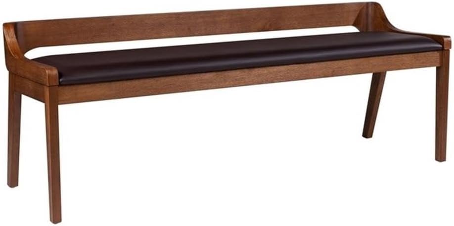 BOWERY HILL Modern Dining Bench, Rubberwood Frame, Chestnut Wire-Brush Finish, Brown Faux Leather Upholstery, 60" Wide, Seats 2, High-Density Foam Cushion, Kitchen or Dining Room Seating