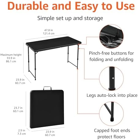 Amazon Basics Portable 4 Ft Rectangular Folding Dining Table, 4 Adjustable Height Settings, Space Saving Fold-in-Half Design and Carrying Handle, Indoor & Outdoor, Washed Black, 47.8 x 23.9 x 33.9 in