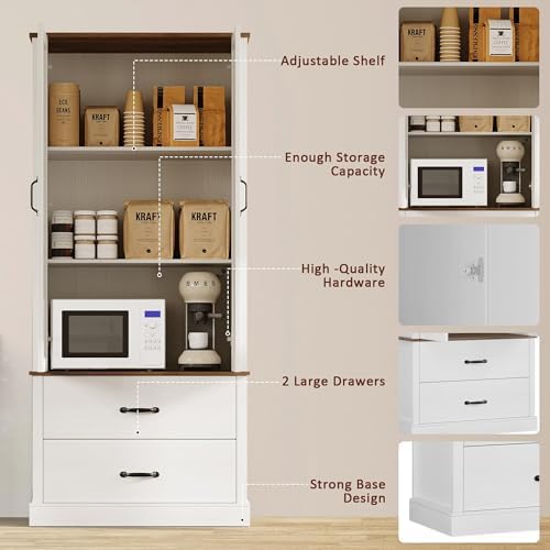 GarveeHome Kitchen Pantry Cabinet, Farmhouse Storage Cabinet with Barn Doors, Drawers and Adjustable Shelves, Versatile Storage for Kitchen, Dining Room, Rustic White