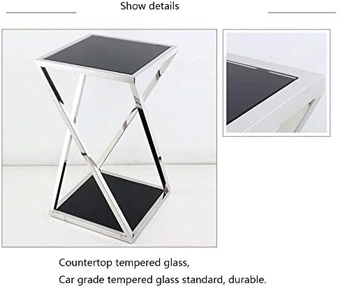 Telephone Table, Stainless Steel Glass Coffee Table,Sofa Side Table/Telephone Table,Black and White Flower Stand,for Living Room Bedroom,Stainless Frame,Black(Black-15.74 * 15.74 * 27.55in