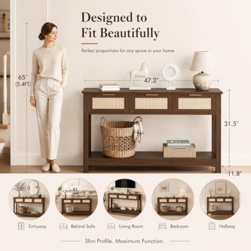 Luoxiao Console Table for Entryway with 3 Rattan Drawers Storage Open Shelf | Narrow Entry Table for Hallway, Foyer, Couch, Front Entrance, Anti-Tip, Easy to Assemble, 47 Inch, Walnut, Mid-Century Modern