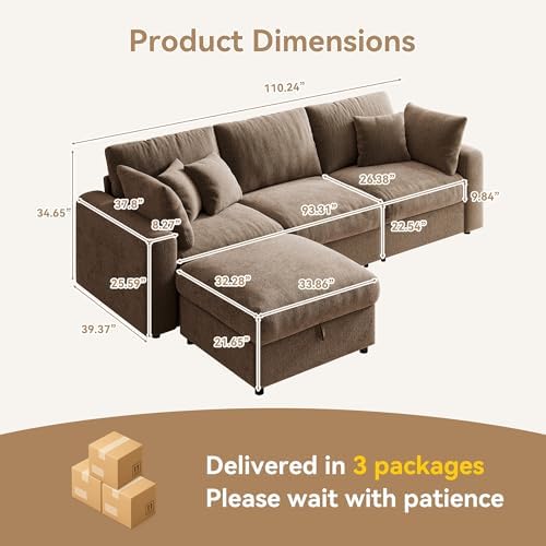 WorthFurni 110” Cloud Sectional Couches for Living Room, Modular Sectional Sofa with Deep Seat, Convertible L-Shape Couch with Storage Ottoman for Bedroom Apartment, Chenille (Brown)
