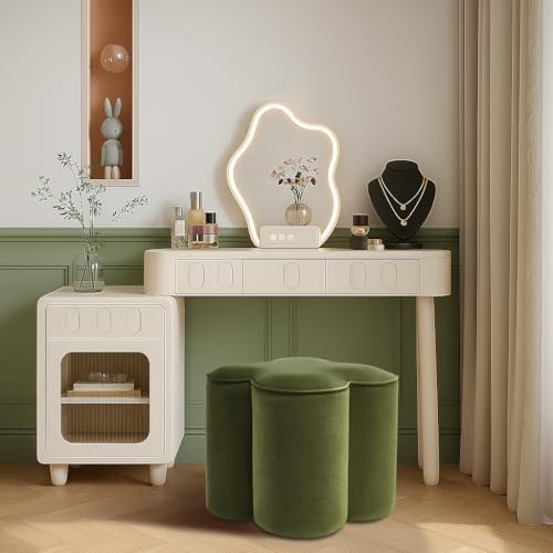 Zesthouse Flower Pouf Ottomans Foot Rest Set of 2, Velvet Fabric Poofy Ottomans Footstool for Sofa Couch, Modern Living Room Stool Seats for Hallway, Cute Square Vanity Stools for Bedroom Dorm, Green