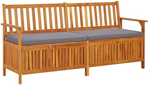 Black Acacia Wood Storage Bench Rectangular, 67 in Outdoor Storage Bench with Cushion, Black and Brown Patio Seating for Three