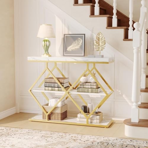 3-Tier Industrial Entryway Table with Diamond-Shaped Metal Frame, Open Shelf Console Sofa Table for Living Room, Hallway, Foyer Storage Accent Table with Adjustable Feet, Rustic Wood Top (White)
