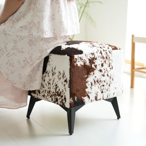 Tricolor Cow Print Ottoman, Faux Cowhide Footstool, Western Style | 16x16x17 Inch Cube Stool, Solid Metal Legs, Animal Print Ottoman, Farmhouse Decor for Living Room, Bedroom, Entryway