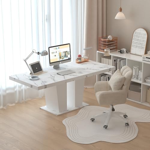78.74'' Extendable Rectangular Dining Table for 4-8, Modern Mid-Century Wood Expandable Kitchen Dinner Conference Table for Living Room Office, 2 Widen Pedestal Base, White Faux Marble