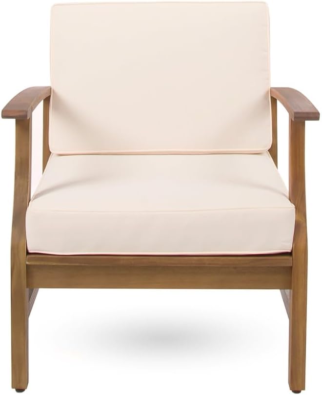 Weatherproof Acacia Wood Outdoor Arm Chair with Beige Cushions, Indoor & Patio Single Comfort Lounge Chair for Porch Garden Backyard (Cream + Acacia Wood)