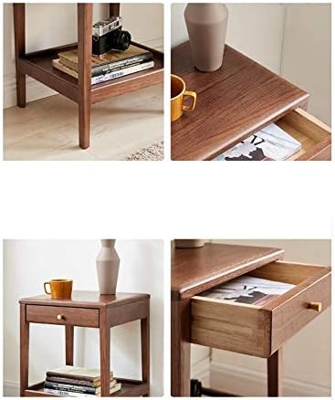 Telephone Table, Side Table with Drawer,Solid Wood Nightstand,Sofa Telephone Tables,Small Living Room Coffee Table,Double-Layer Storage,Walnut Color(