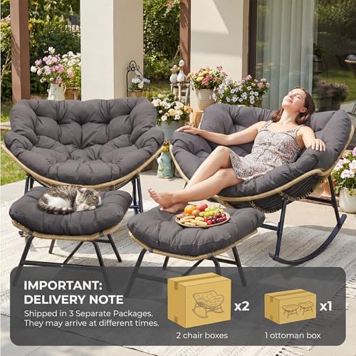 NICESOUL Outdoor Rocking Papasan Chair Set of 2 with Cushions, Comfy Oversized Padded Rockers, 2 Person Wicker Egg Gliders, 450Lbs Wide Recliner Lounge for Bedroom, Living Room, Porch, Balcony, Grey