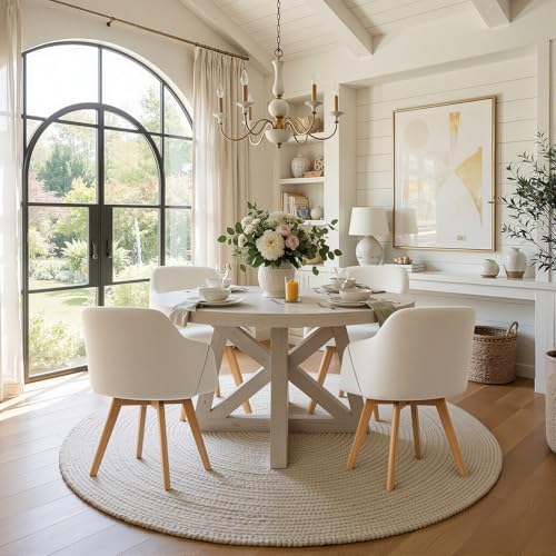 Swivel Dining Chairs Set of 6 with Arms and Wood Legs, Beige | Beech Wood Frame, Linen Fabric Upholstered Kitchen Chairs, Mid Century Modern, 18.5" Widen Seat, For Dining Room, Living Room