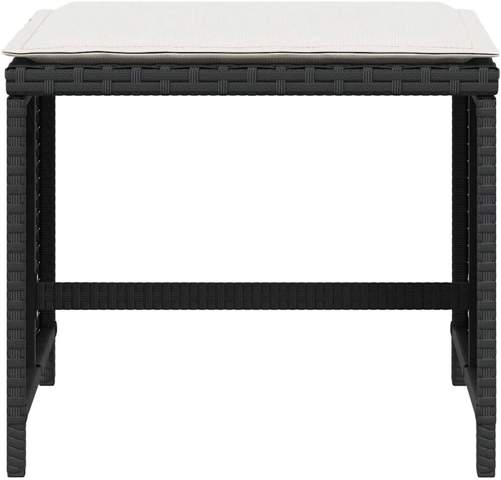 4-Piece Garden Stool Set with Cushions, Black and Cream, Square Outdoor Stools with Removable Polyester Cushions, Metal Frame and PE Rattan, 242.5 lbs Capacity per Stool for Patio