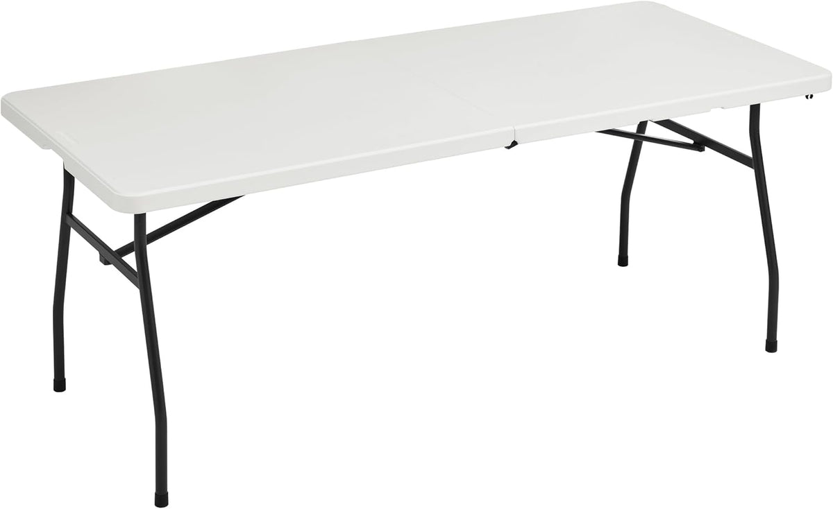 Amazon Basics Heavy Duty Portable Folding Table, 6 ft, Indoor & Outdoor, Fold-in-Half Design with Carrying Handle, White | Portable