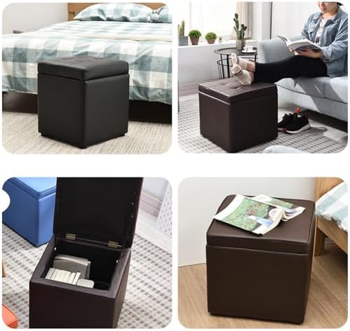 Luxurious Ottoman with Storage,Upholstered Storage Ottoman Padded Seat for Living Room Bedroom,Faux Leather Small Cube Foot Rest Stool with Hinged Lid (Grey)