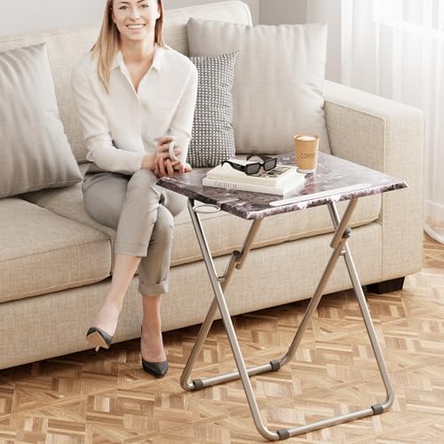 Folding TV Tray Table with Cup Holder, TV Dinner Table with Sturdy MDF Top, Eating Trays with Tablet Slot for Living Room, Bedroom, Sofa, 15 x 18.9 x 25.6 in (Black Marble, 2Pcs)