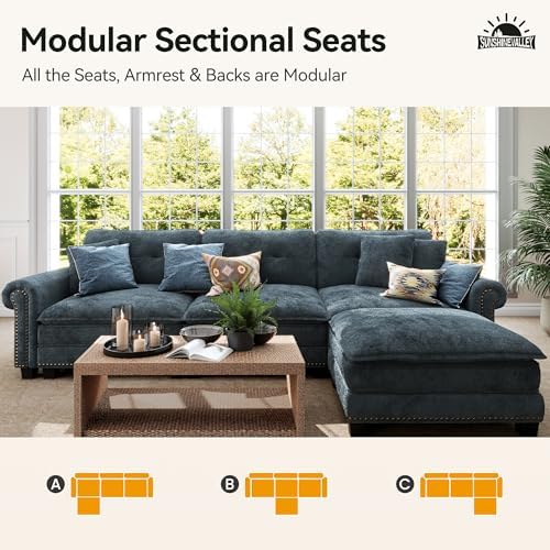 SUNSHINE VALLEY 116" Oversized Modular Sectional Couch L Shaped Living Room | Mid-Century Modern 4-Seater Cloud Sofa, Cyan, Rolled Arms & Nailhead Trim, Wider & Deeper Seats, Ottoman, Chenille