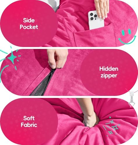 fond + found Small Bean Bag Chairs 2FT Comfy BeanBag Chair Velvet Fabric | Memory Foam,Washable Cover,Storage Pocket,Handle,Cozy BeanBag for Classroom Reading Bedroom Nook Gaming Lounging | Pink 2FT