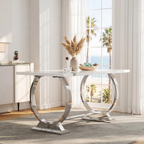 Asday 7 Piece Dining Table Set, Luxury White and Silver Dining Room Table Set with 60 inch Rectangular Dining Table and 6 White Leather Dining Chairs