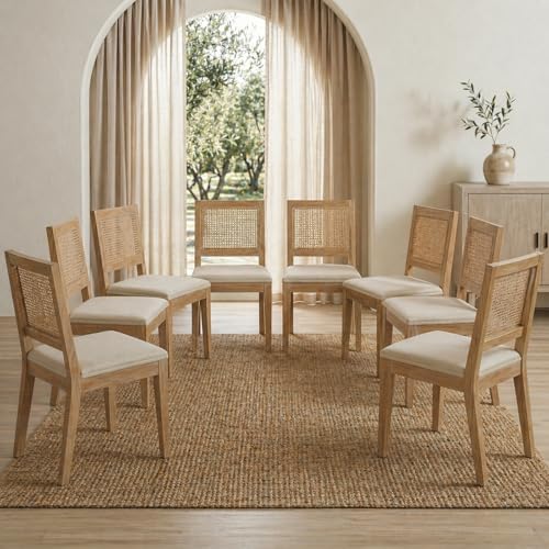 French Country Dining Chairs Set of 8, Beige Modern Kitchen & Dining Room Chairs, Rattan Dining Chair with Linen Upholstered Cushion, Low Cane Back, Wood Legs, Sillas de Comedor (Beige, 8 Pcs)