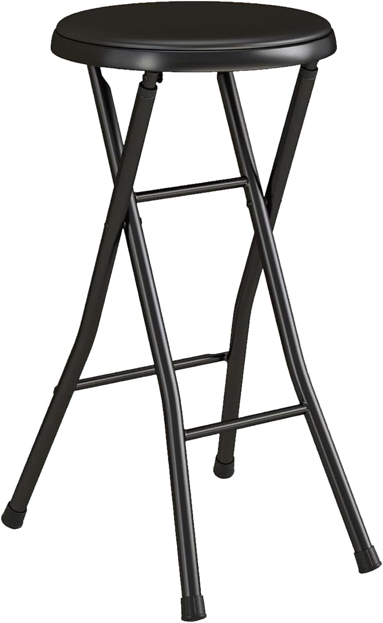 Portable Folding Metal Stool with Non-Slip Rubber Feet, Lightweight Compact Stool for Kitchen, Bar, Classroom, and Camping, Space-Saving Foldable Design with Padded Seat, Supports 200 lbs, Black