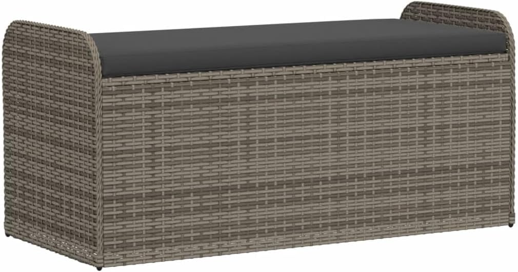 Outdoor Storage Bench with Cushion 45.3 Inch Grey Poly Rattan Patio Furniture Box Seat with Gas Spring Lid for Garden Pool Supplies