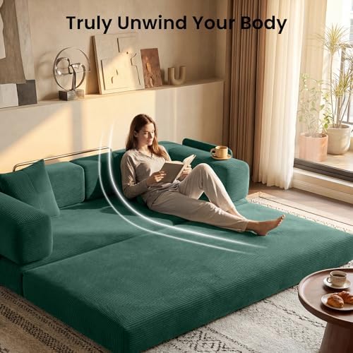 78.8" Convertible Futon Sofa Bed, Couch for Living Room | Corduroy Loveseat Sleeper Sofa, Modular Futon Couch with Storage Pocket, Pull Out Couch No Assembly | Forest Green
