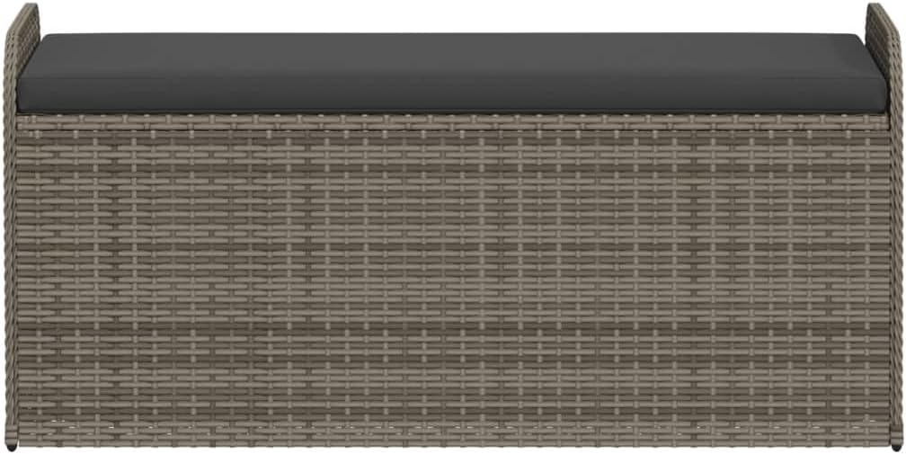 Outdoor Storage Bench with Cushion 45.3 Inch Grey Poly Rattan Patio Furniture Box Seat with Gas Spring Lid for Garden Pool Supplies