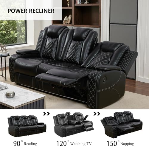 Power Recliner Sofa Set, Breathing Leather Reclining Couch Set, 3 Piece Living Room Furniture Set with LED Lights/Charging Ports/Storage for Home/Office (Black, Sofa+Loveseat+Chair)