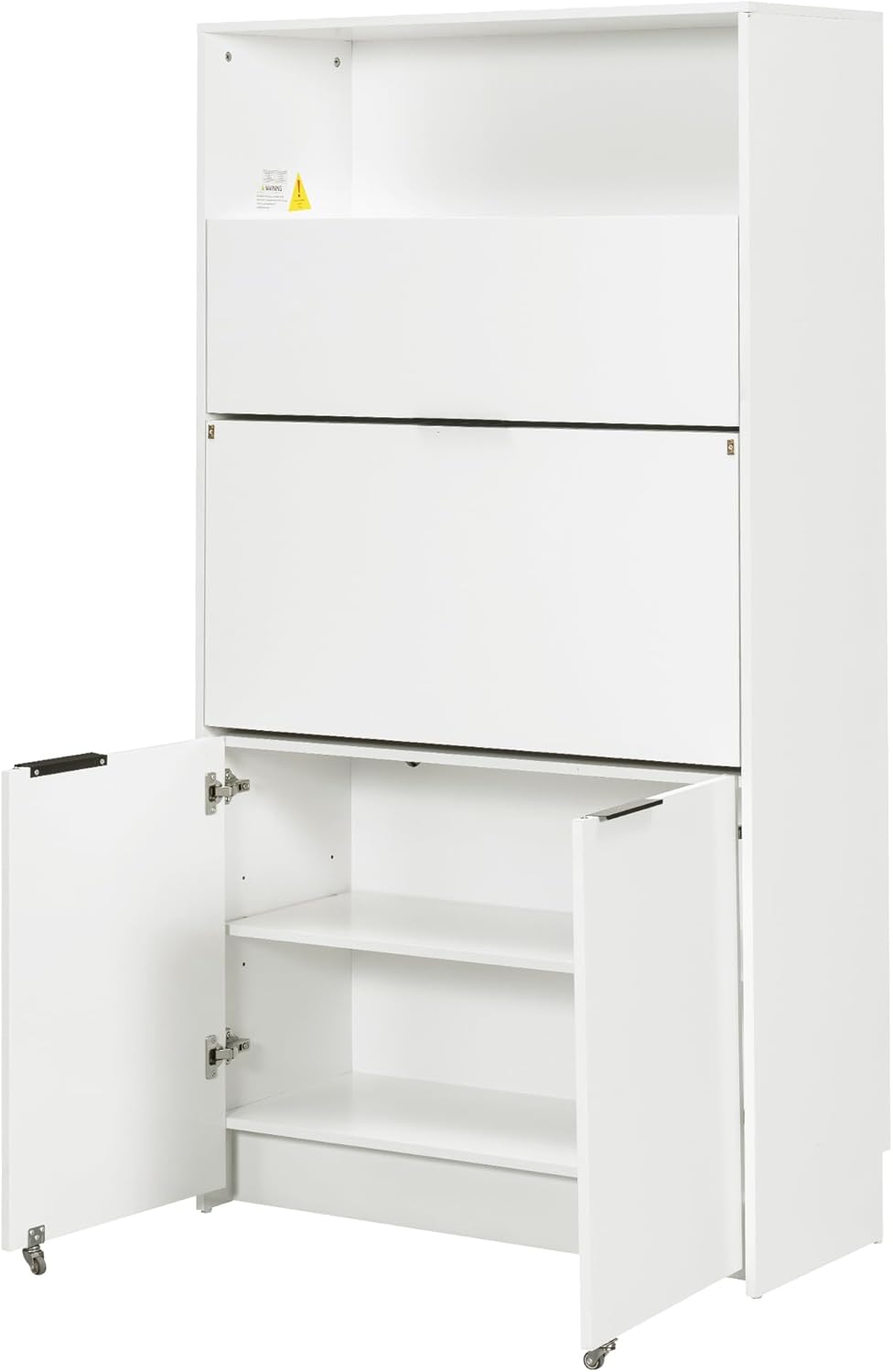 Pantry Cabinet with Hutch and Foldable Workstation, Multifunctional Wood Cupboard with Adjustable Shelf and Power Outlet for Dining, Living Room (White)
