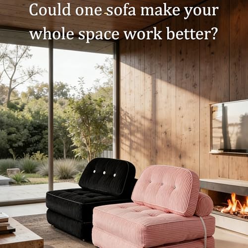 Folding Sofa Bed, Flannel Futon Couch Bed with Pillow and Blanket, Convertible Sleeper Chair for Living Room Bedroom (Two Pink)