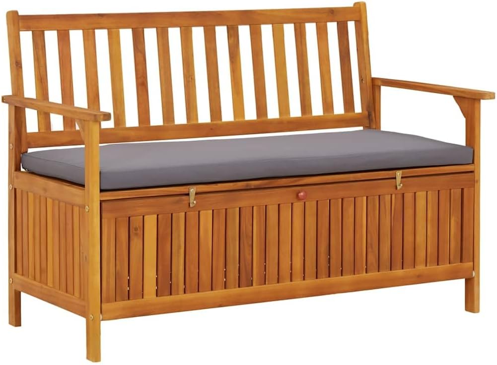 Patio Storage Bench 47.2 Inch Solid Acacia Wood with Hidden Seat Compartment and Cushions for Outdoor Garden Deck Backyard Seating
