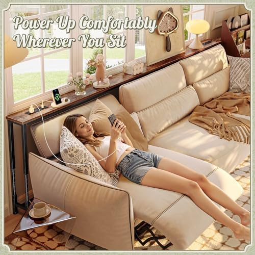 Huuger 110.2 Inch Sofa Table with Power Outlets, Skinny Behind Couch Table | Console Table with USB-C Ports, 23.9’’-34.4’’ Height Adjustable Range, Sofa Tables Narrow Long for Small Spaces, Rustic Brown