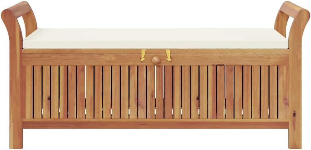 Solid Acacia Wood Patio Storage Bench with Cushion, 49.6 Inch Outdoor Garden Bench with Curved Arms and Ample Storage Space