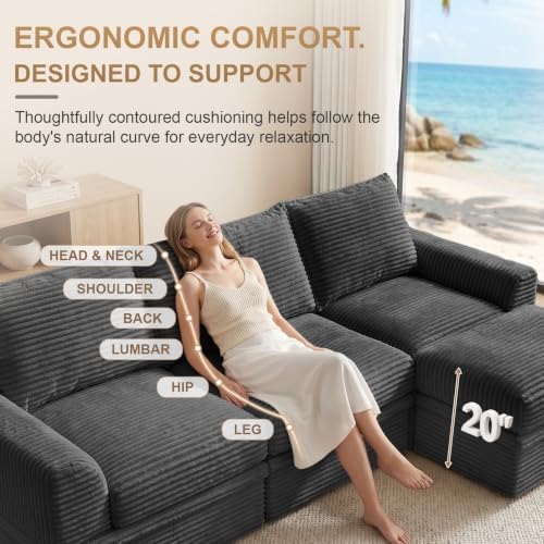 Upgraded Couch with Storage, Sectional Couches for Living Room, L-Shaped Modular Cloud Corduroy Sofa with Ottoman & Pillows, Oversized Deep Seat Memory Foam Couch, No Assembly(Gray, 107" L)
