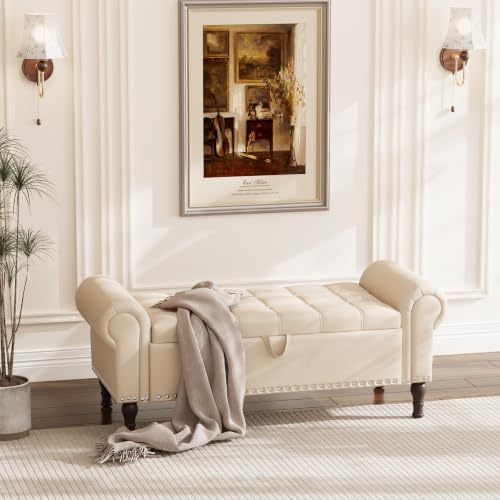 Apicizon 51” Bench with Storage, Faux Leather Ottoman Bench with Rolled Arm & Vintage Rivets, End of Bed Bench for Bedroom, Living Room, Entryway, Beige+Brown Legs