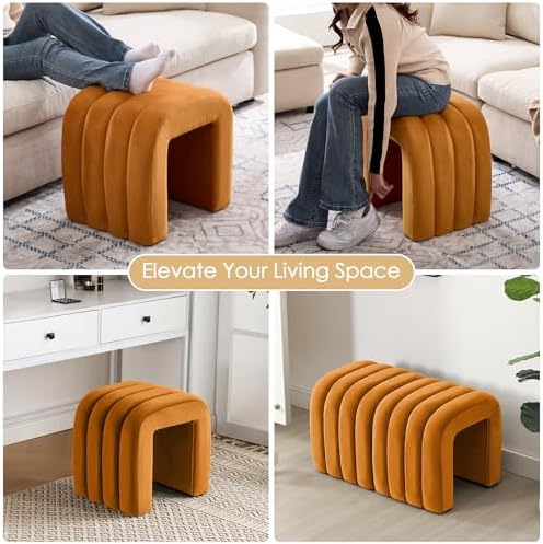 ONEVOG Velvet Pouf Ottoman, Small Ottoman Foot Rest for Couch, 18 Inch Cute Vanity Chairs for Makeup, Living Room Decorative, Sturdy Frame, Upholstered Modern Footrest for Bedroom, Dorm, Cognac