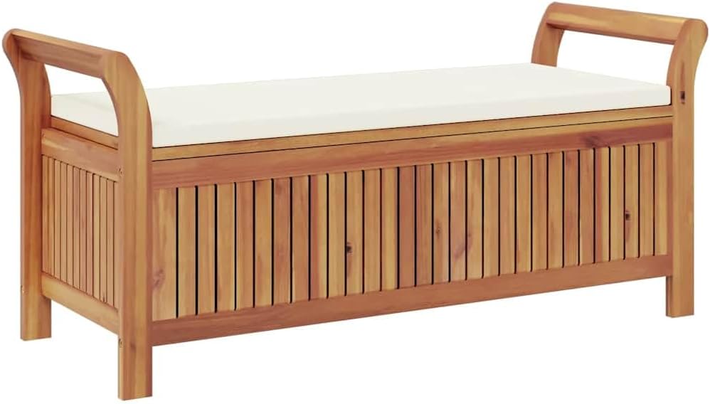 Solid Acacia Wood Patio Storage Bench with Cushion, 49.6 Inch Outdoor Garden Bench with Curved Arms and Ample Storage Space