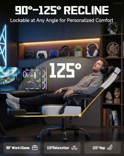 GTPLAYER Big & Tall Gaming Chair, Wide Seat with Footrest, Jet Black | Ergonomic High Back Computer Desk Chair for Adults, Comfort Padded Seat with Lumbar Support Armrests Recliner for Office/Home