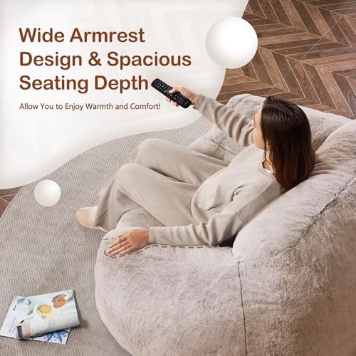 Homguava Giant Bean Bag Chairs for Adults,Large Bean Bag Couch with Arms | Big Beanbag Chair with Memory Foam Filled,Oversized Bean Bag Sofa,Faux Fur Floor Sofa Chair for Bedroom Living Room-Khaki